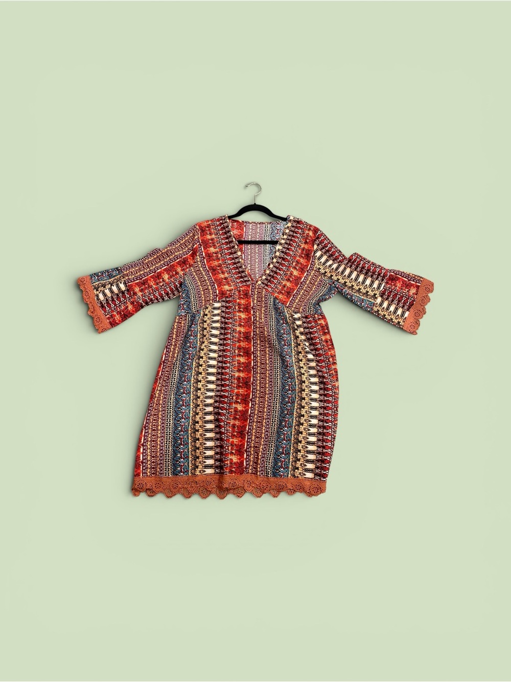 Boho Printed V-Neck Dress Crochet Lace Trim Bell Sleeve Orange Red Multicolor - Picture 9 of 9
